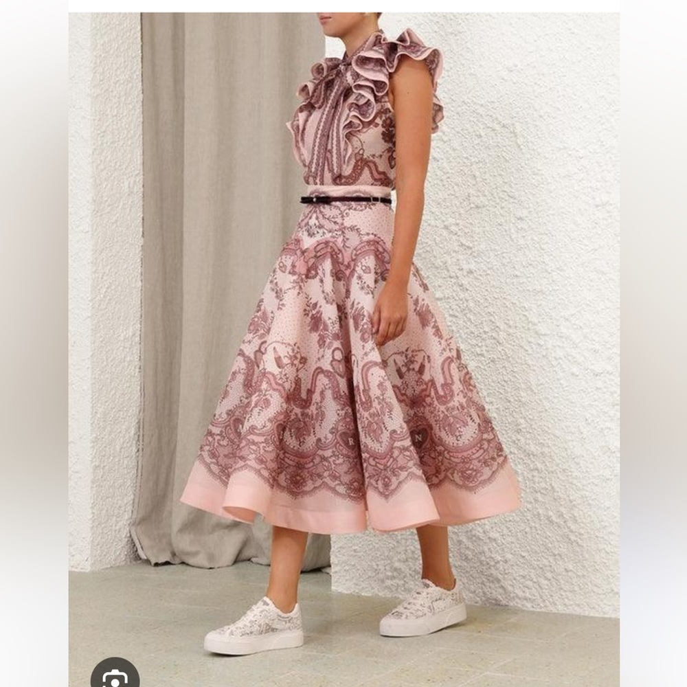 Zimmermann Crush Flared Pink Linen Silk Midi Skirt Locket Lace - AU1 (US6)